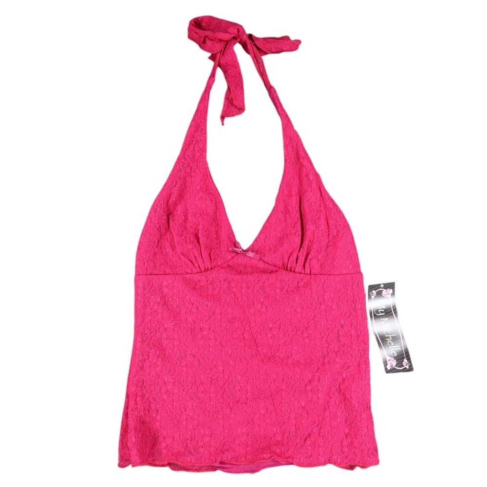 My Michelle Halter Top Womens Size Medium Y2K Red Floral Lace Tie Neck USA NWT